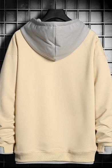 Cozy Hoodie Contrast Color Panel Long Sleeve Regular Fit Hooded Drawstring Hoodie for Men