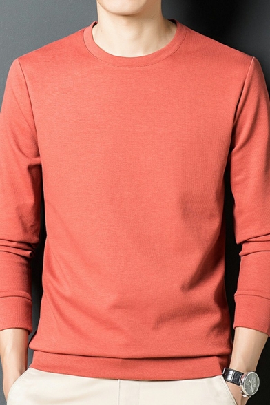 Casual Mens Sweatshirt Plain Rib Hem Round Collar Long-Sleeved Regular Fit Pullover Sweatshirt