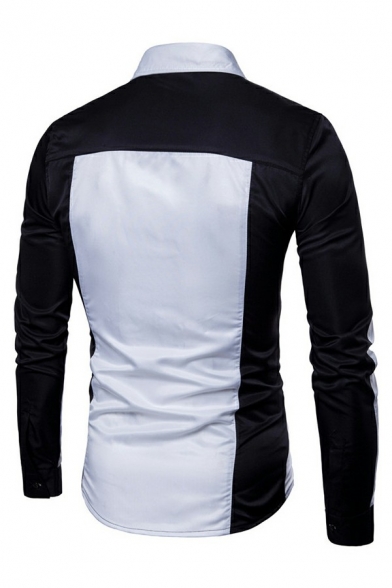 Chic Mens Shirt Color Block Turn-down Collar Pocket Long Sleeve Slimming Shirt