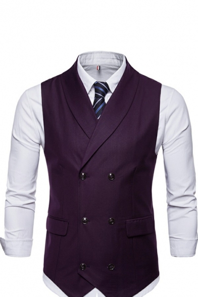 Guy's Cozy Suit Waistcoat Pure Color Shawl Collar Sleeveless Slimming Double Breasted Suit Vest