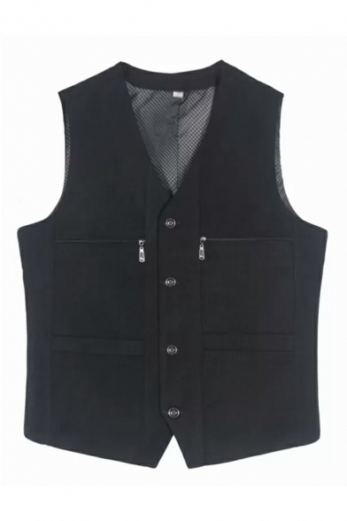 Men Basic Blazer Vest V-Neck Button Closure  Solid Color Regular Fitted Blazer Vest