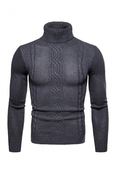 Men Simple Sweater Pure Color Knit Long Sleeves High Neck Slim Fitted Pullover Sweater