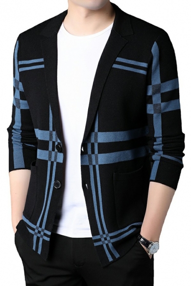 Mens Basic Cardigan Sweater Color Block Long-Sleeved Regular Fit Cardigan Sweater