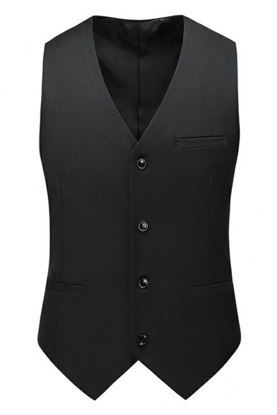 Mens Street Style Suit Vest Plain Belt Back V Neck Sleeveless Skinny Button Placket Suit Vest