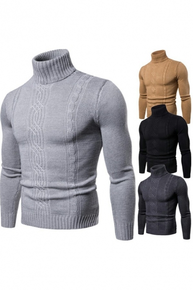 Men Simple Sweater Pure Color Knit Long Sleeves High Neck Slim Fitted Pullover Sweater