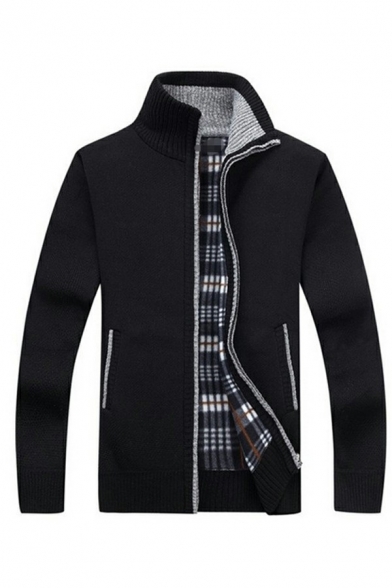 Popular Men's Cardigan Solid Color Long-Sleeved Zip Closure Stand Collar Regular Fitted Cardigan