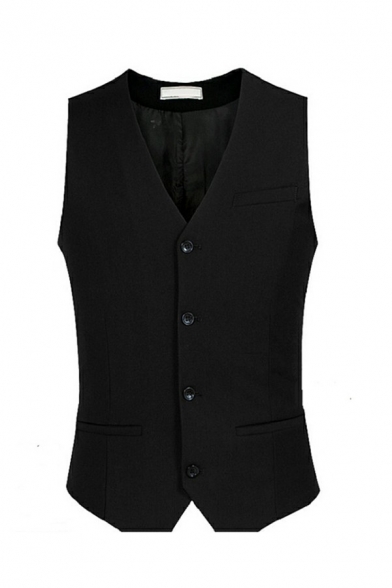 Stylish Guys Suit Vest Plain V-Neck Button Up Slimming Suit Vest