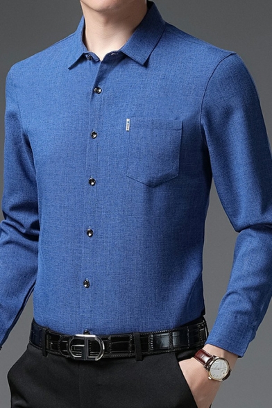 Stylish Mens Shirt Solid Color Long Sleeves Button Closure Lapel Collar Regualr Fitted Shirt