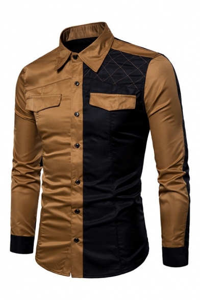 Chic Mens Shirt Color Block Turn-down Collar Pocket Long Sleeve Slimming Shirt