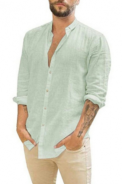 Dashing Guys Shirt Solid Button Detail Turn-down Collar Long Sleeves Shirt