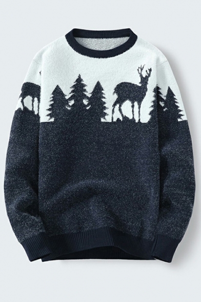 Modern Men's Sweater Deer Printed Long Sleeve Crew Neck Loose Fitted Pullover Sweater