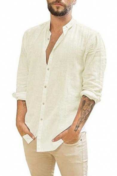 Dashing Guys Shirt Solid Button Detail Turn-down Collar Long Sleeves Shirt