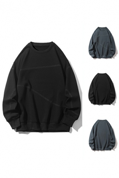 Edgy Guys Sweatshirt Pure Color Ribbed Cuffs Long Sleeve Oversized Round Collar Pullover Sweatshirt