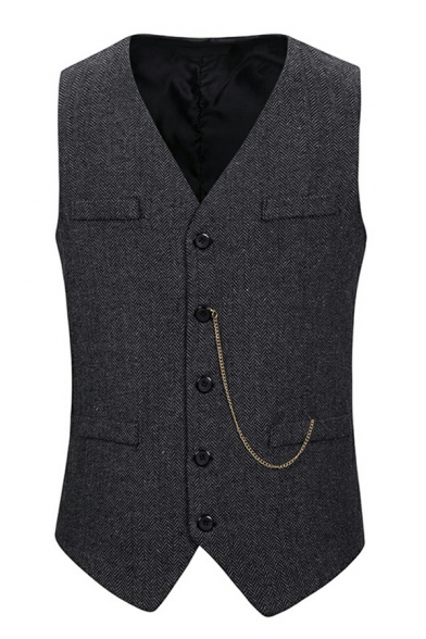 Guy's Fancy Suit Vest Plain Chain Decoration V Neck Sleeveless Slim Fit Button Fly Suit Vest