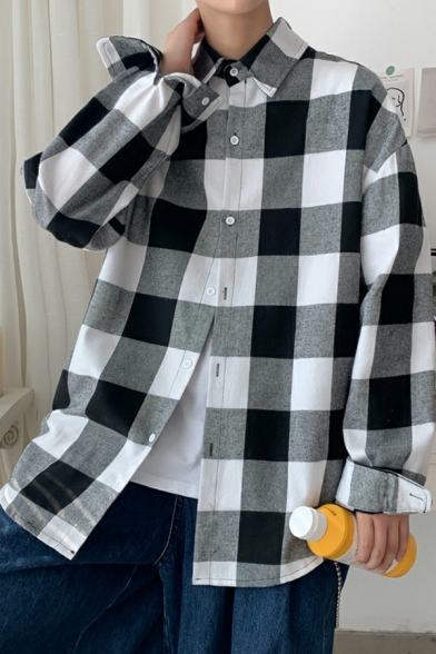 Popular Mens Shirts Plaid Pattern Long Sleeves Lapel Collar Loose Fitted Shirts
