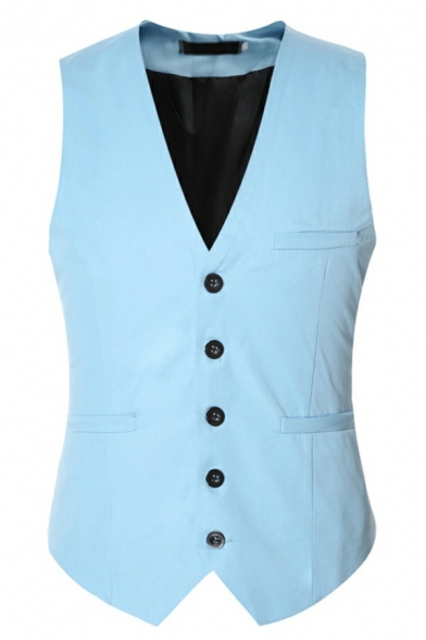 Men's Fashionable Suit Vest Plaid Printed Sleeveless Button Closure V-Neck Slim Fitted Suit Vest