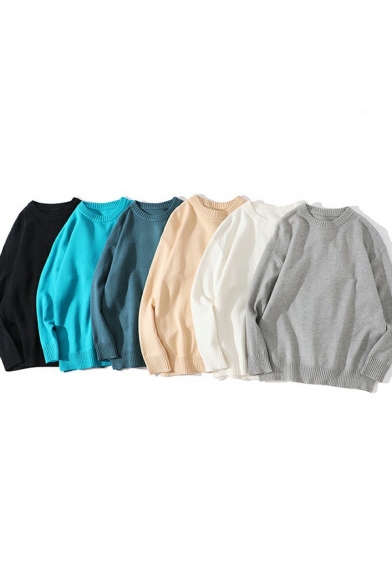 Basic Men's Sweater Solid Color Long Sleeves Round Neck Loose Fitted Pullover Sweater