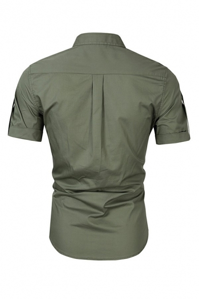 Men Urban Shirt Pure Color Turn-down Collar Button Closure Short-sleeved Regular Shirt