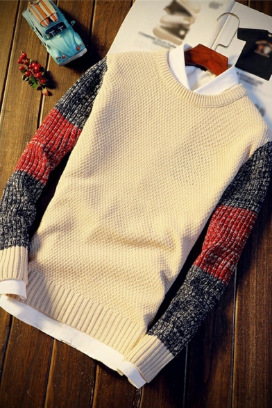 Popular Men's Sweater Contrast Color Long-Sleeved Round Neck Regular Fit Pullover Sweater