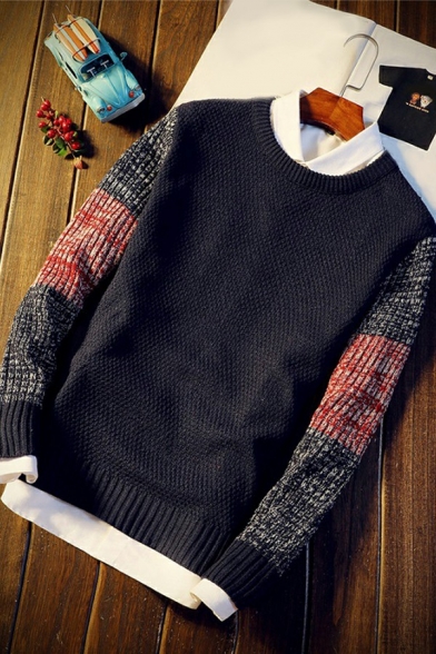 Popular Men's Sweater Contrast Color Long-Sleeved Round Neck Regular Fit Pullover Sweater