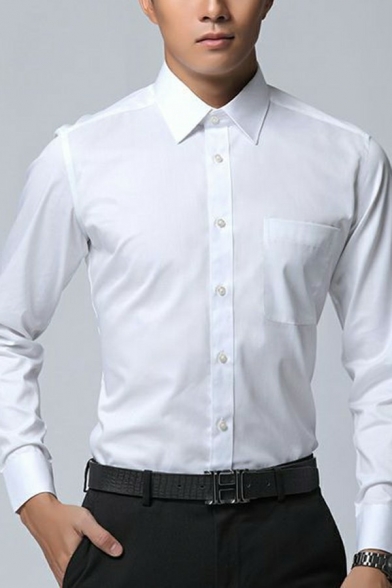 Vintage Mens Shirt Pure Color Long-Sleeved Button Closure Pointed Collar Slim Fit Shirt in White