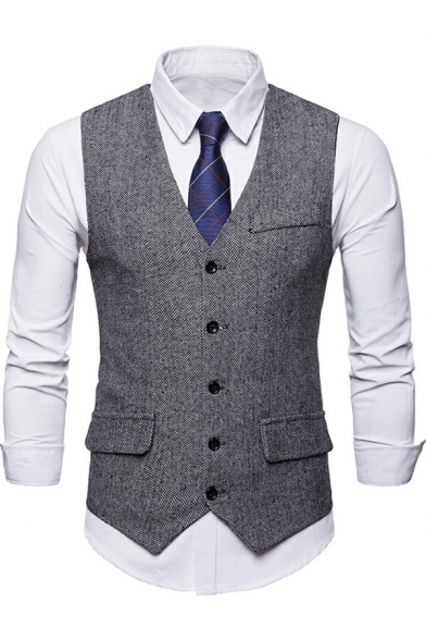 Men Basic Suit Vest Pure Color V-Neck Button-up Pocket Fitted Suit Vest