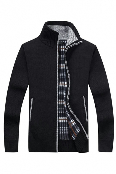 Men Urban Cardigan Solid Color Long-Sleeved Zip Placket Stand Collar Regular Fitted Cardigan