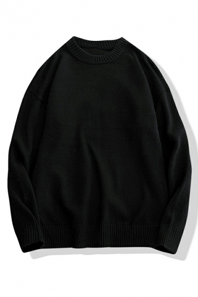 Basic Men's Sweater Solid Color Long Sleeves Round Neck Loose Fitted Pullover Sweater