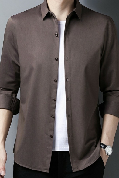 Casual Pure Color Mens Shirts Long Sleeves Button Closure Lapel Collar Regular Fitted Shirts