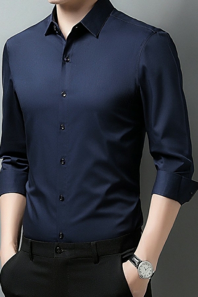 Casual Pure Color Mens Shirts Long Sleeves Button Closure Lapel Collar Regular Fitted Shirts