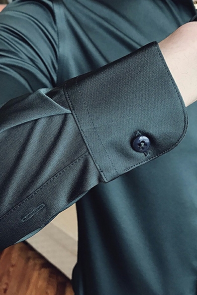 Dashing Shirt Plain Turn-down Collar Slim Fitted Long Sleeve Button Closure Shirt for Boys