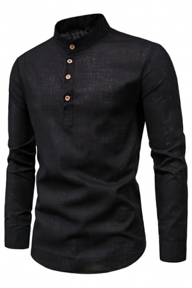 Modern Mens Shirt Pure Color Long Sleeves Button Closure Stand Collar Regualr Fitted Shirt