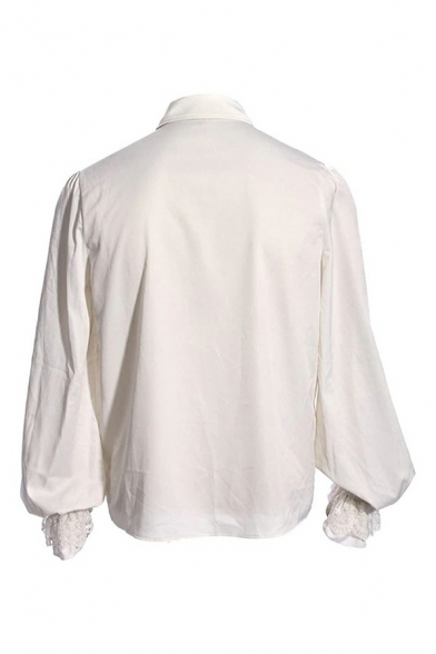 Guys Retro Shirt Solid Color Turn-down Collar Loose Long-sleeved Shirt