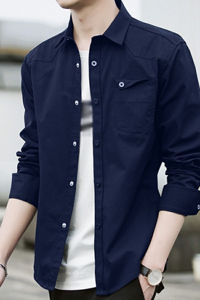 Modern Guys Shirt Pure Color Pocket Design Button Embellished Turn-down Collar Long-sleeved Shirt
