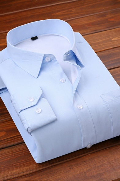 Retro Mens Shirt Pure Color Turn-down Collar Relaxed Fitted Long Sleeve Button Closure Shirt