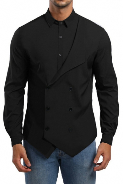 Unique Mens Shirt Pure Color Long Sleeves Button Detail Lapel Collar Regualr Fitted Shirt