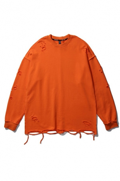 Unique Sweatshirt Pure Color Distressed Decoration Long Sleeve Round Neck Oversize Sweatshirt for Guys