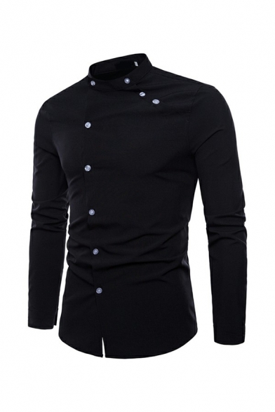Vintage Men's Shirt Solid Stand Collar Applique Button Long Sleeves Shirt