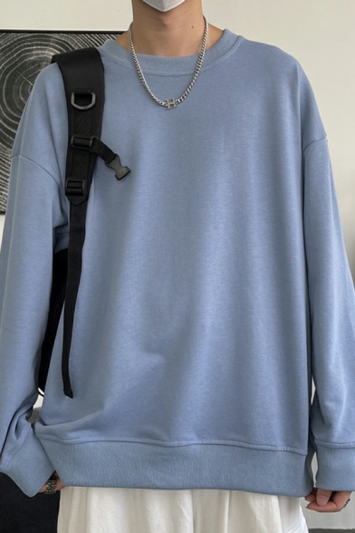Comfortable Mens Sweatshirt Pure Color Long-Sleeved Pocket Detail Regular Fit Sweatshirt