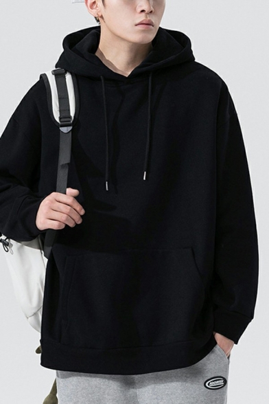 Basic Designed Mens Hoodie Drawcord Big Pocket Baggy Long Sleeves Hoodie