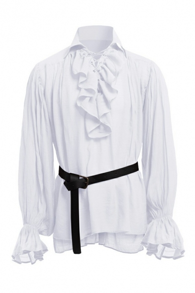 Men Retro Shirt Solid Belt Designed Long Sleeve Turn-down Collar Lace-up Shirt