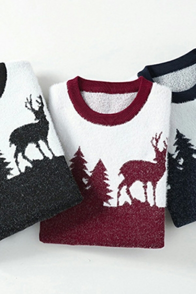 Modern Men's Sweater Deer Printed Long Sleeve Crew Neck Loose Fitted Pullover Sweater