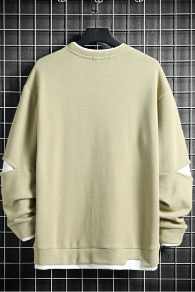Street Look Guy's Sweatshirt Fake Two Pieces Long Sleeve Regular Fitted Round Neck Pullover Sweatshirt