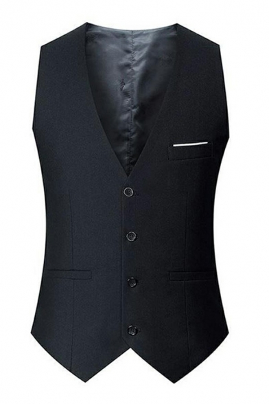 Stylish Suit Vest Pure Color Sleeveless Slim Fitted V Neck Single Breasted Blazer Vest for Men