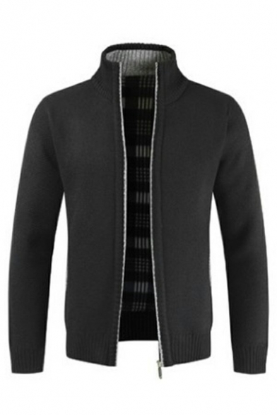 UrbanMen's Cardigan Sweater Pure Color Stand Collar Zip Closure Long-Sleeved Regular Fit Cardigan Sweater