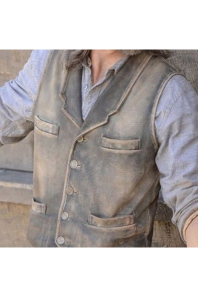 Vintage Guys Vest Notched Collar Chain Embellished Regular Fit Vest in Gray