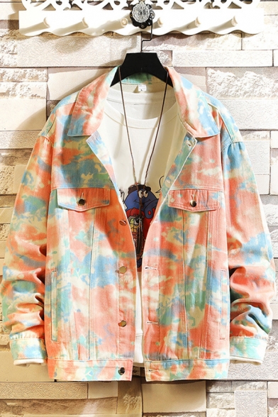 Guy's Freestyle Jacket Tie Dye Print Long-Sleeved Loose Fit Spread Collar Button down Denim Jacket
