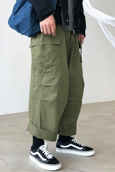 Modish Stylish Mens Pants Plain Elastic Waist Full Length Loose Fit Pants with Pockets
