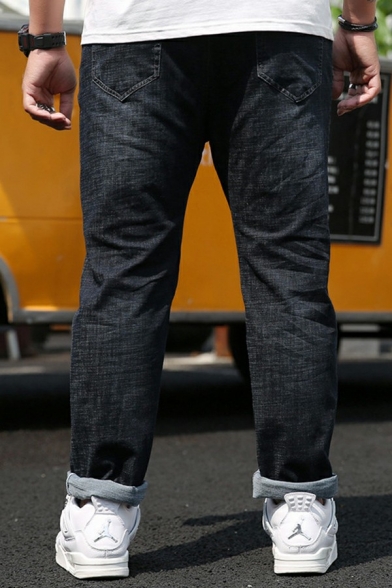 Unique Guy's Jeans Plain Pocket Designed Long Length Relaxed Zip Placket Mid Rise Jeans