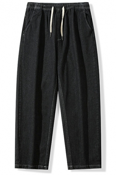 Modish Boys Pants Solid Color Drawstring Waist Mid Rise Pocket Detail Regular Fit Pants